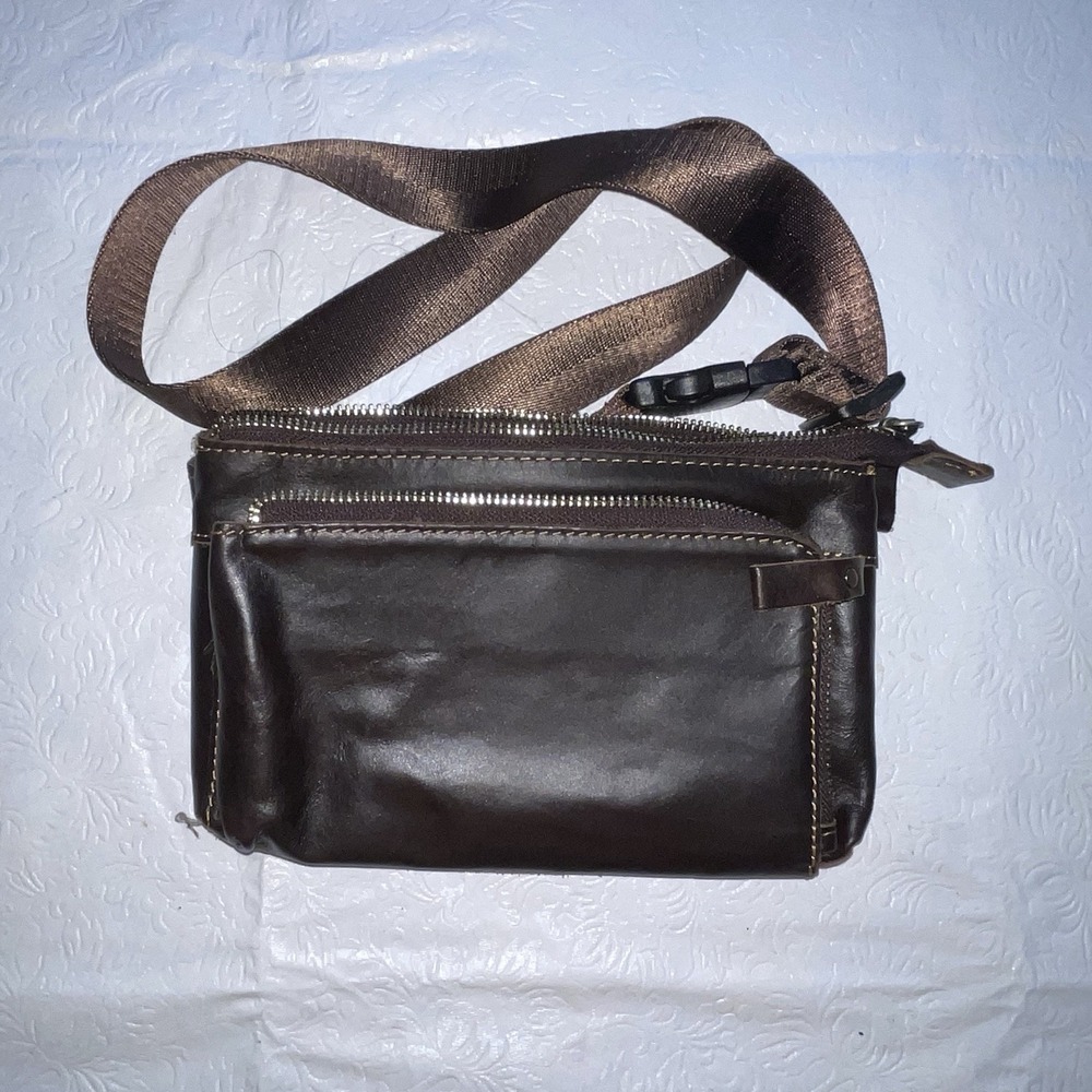 Brown Hebetag Leather Waist Pack Fanny Bag 3 Zipper Pockets Travel Walking Shop
